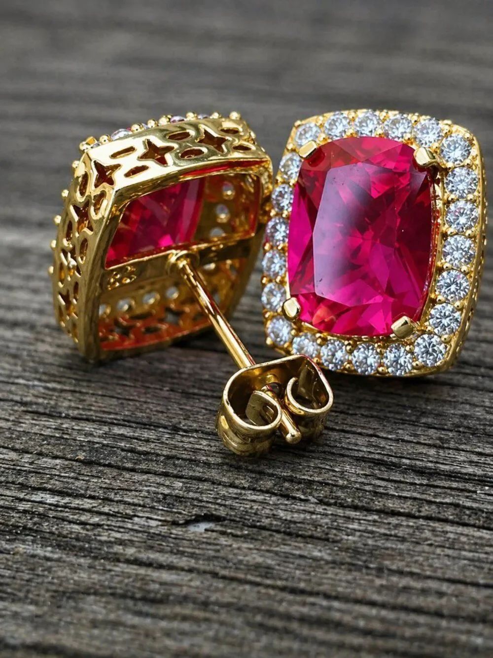 Lab Simulated Ruby & Diamond Rectangle Earrings - Picture 4 of 4